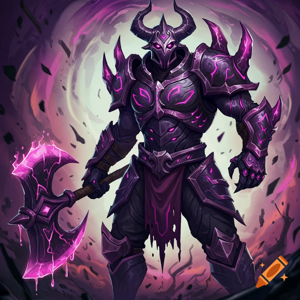 A dark fantasy character in purple glowing armor holding a large axe.