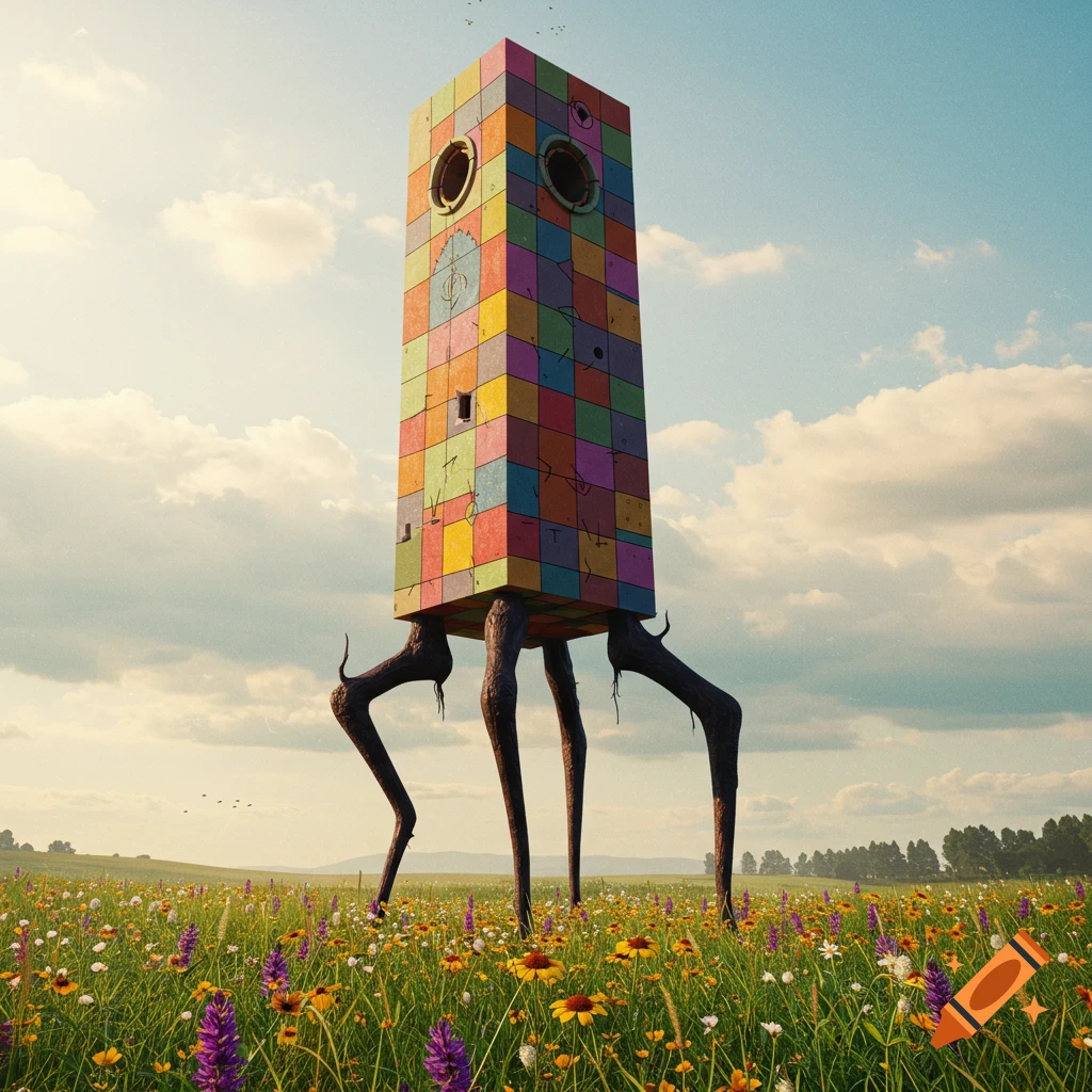 A colorful checkered tower stands on gnarled legs in a field of wildflowers under a cloudy sky.