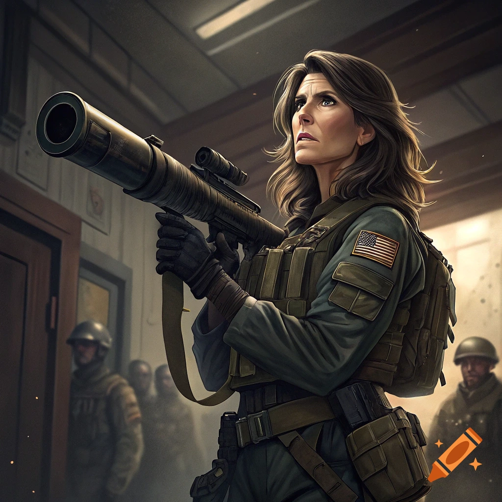 A determined woman in military gear holds a large weapon, looking up, with other soldiers in the background.
