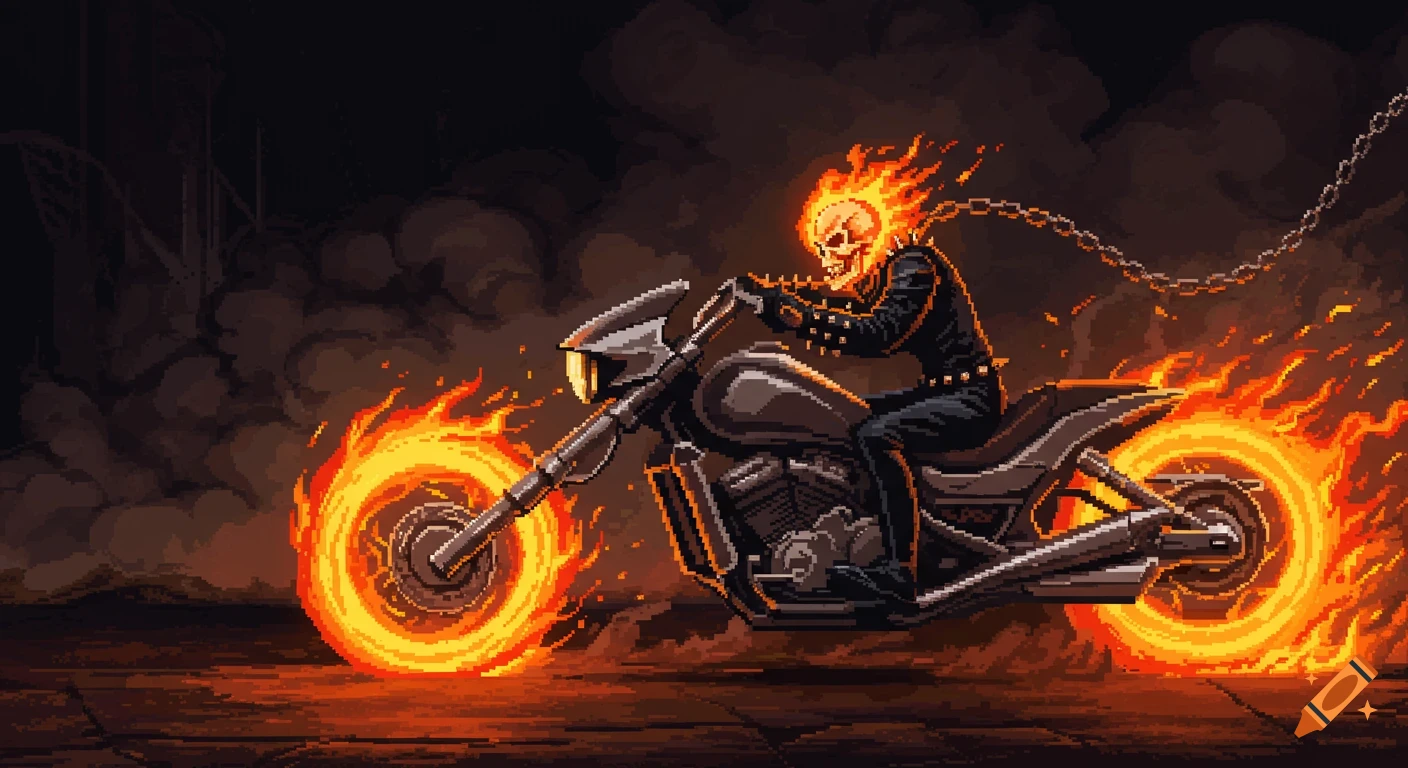 Pixel art of Ghost Rider on a fiery motorcycle.
