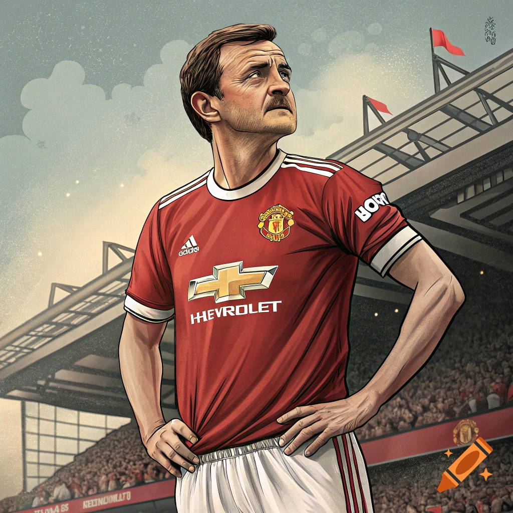 Illustration of a man resembling Roy Kent in a red Manchester United football kit standing in a stadium.