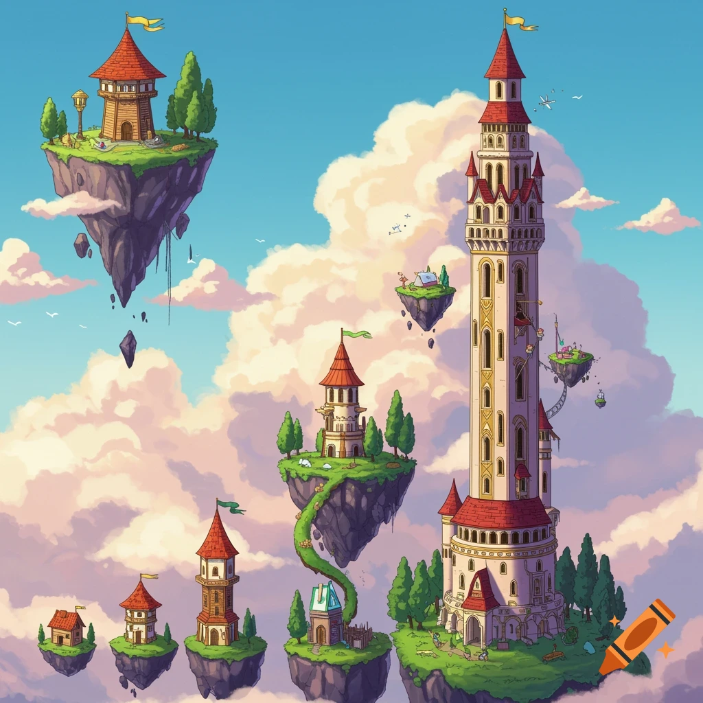Whimsical towers and houses on floating islands in a cloudy sky.