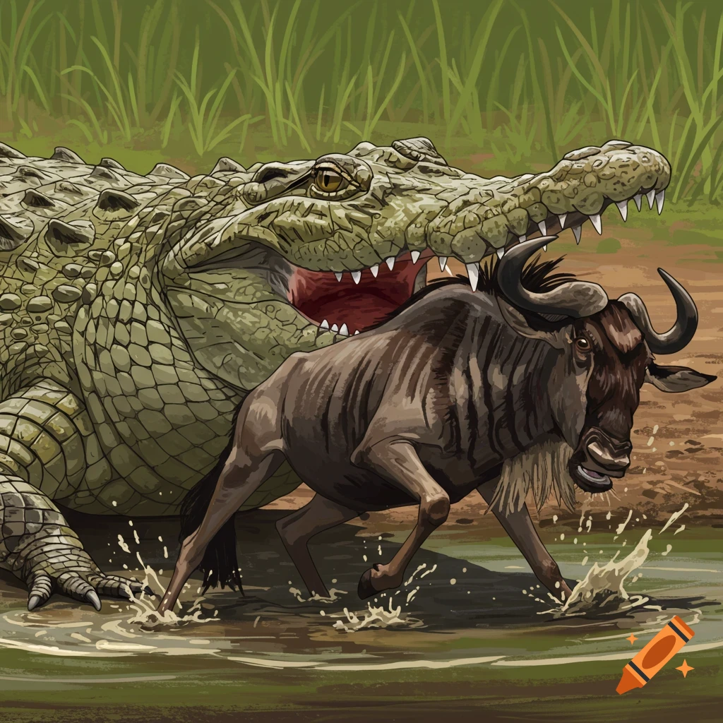 A crocodile attacks a wildebeest in shallow water.