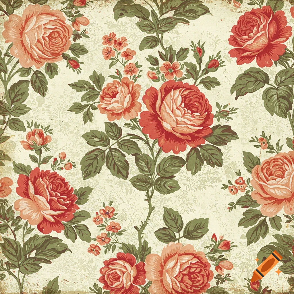 Vintage floral pattern wallpaper with red and pink roses and green leaves on a textured background.