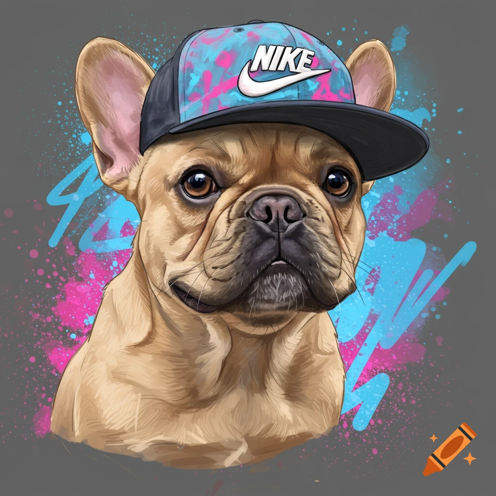 A French bulldog wearing a Nike cap with paint splatters.