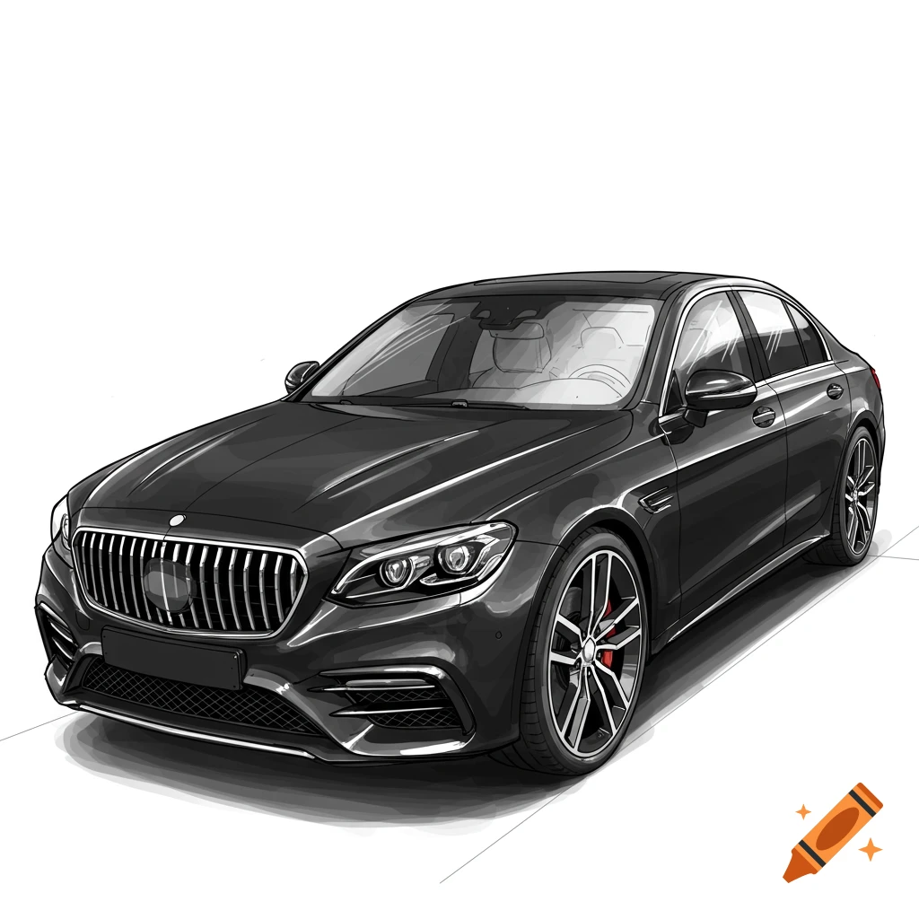 Sketch of a dark sedan car from the front quarter view.