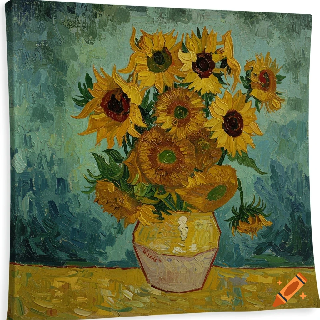 Painting of sunflowers in a vase in the style of Van Gogh.