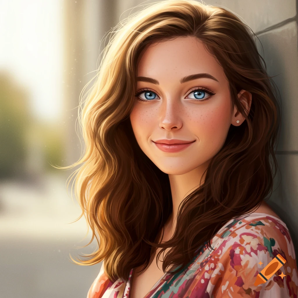 A close-up portrait of a young woman with blue eyes and brown hair, smiling.