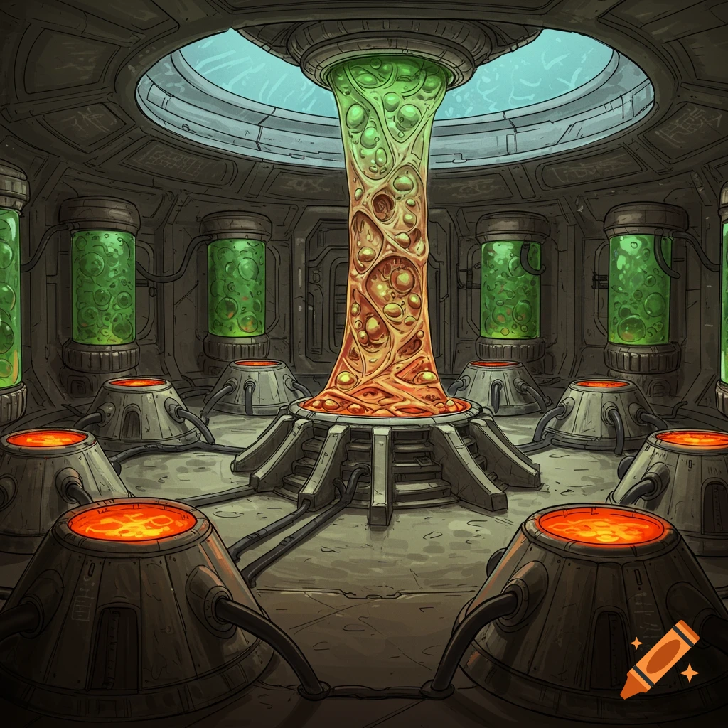 Sci-fi illustration of an alien lab chamber with an organic pillar and glowing vats connected by tubes