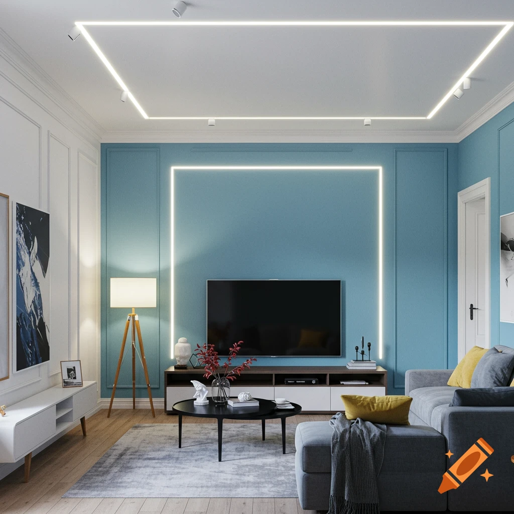 A simple neoclassical living room with blue walls, white trim, grey couch, black coffee table, and linear ceiling lights.