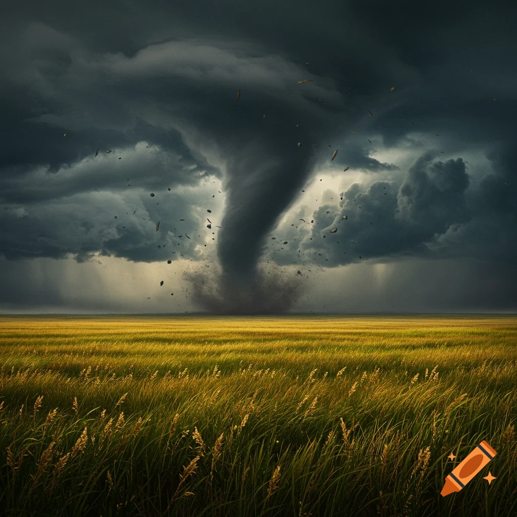 A large tornado sweeps over a flat golden field under a dark, stormy sky.