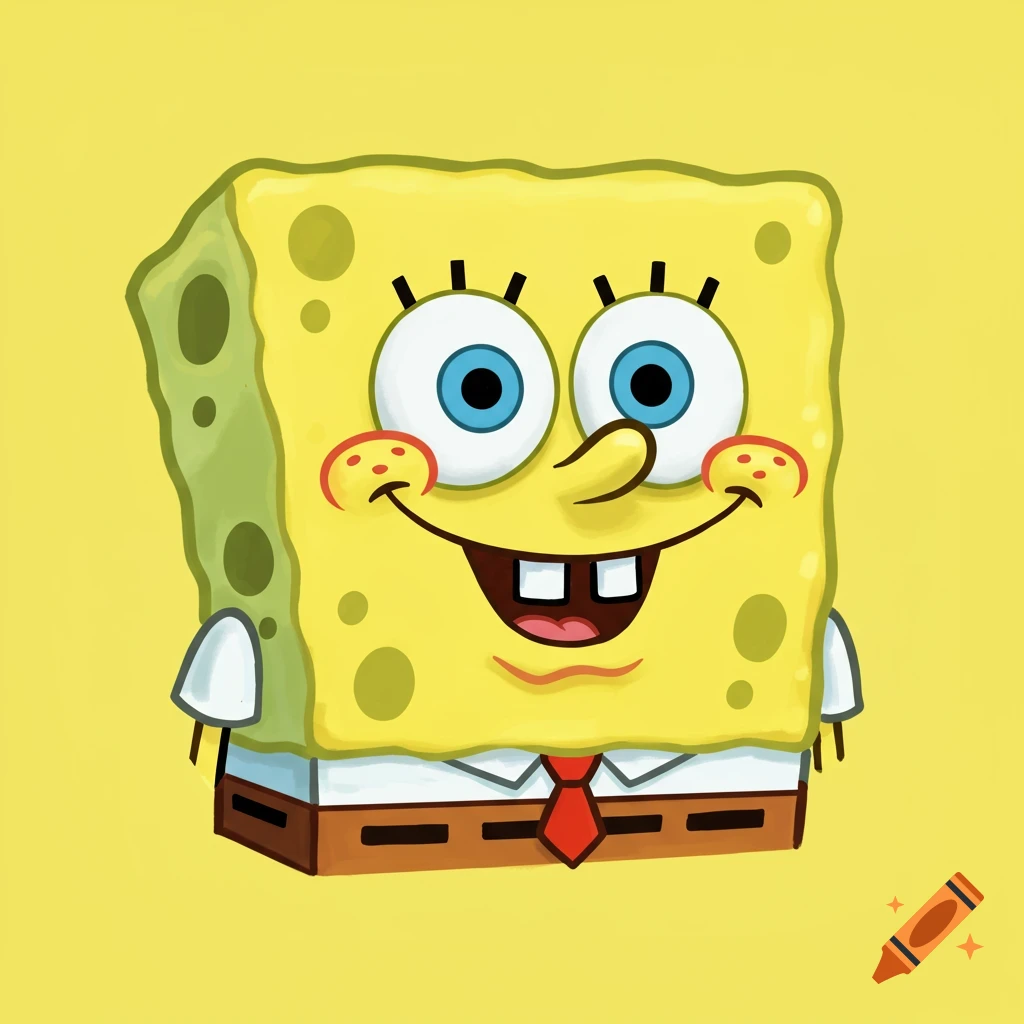 Cartoon illustration of Spongebob Squarepants smiling against a yellow background.