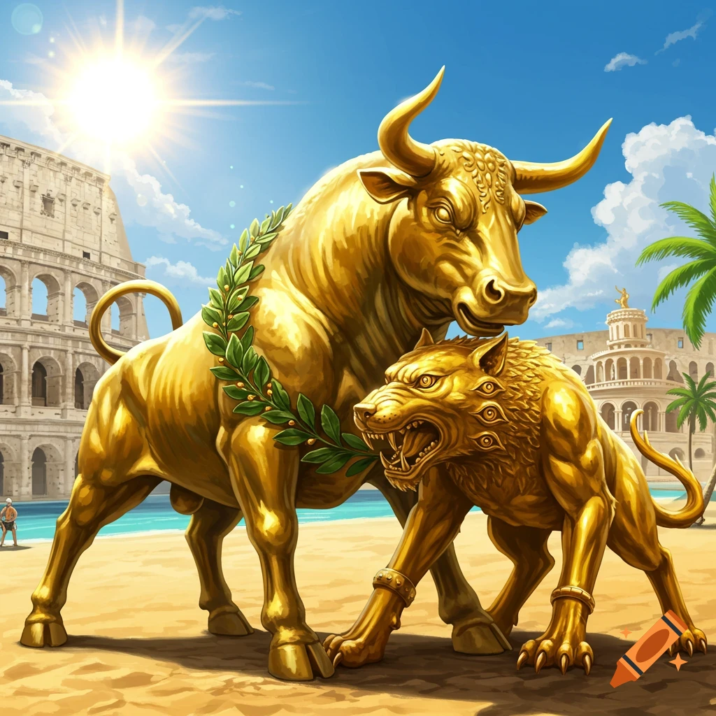 Golden statue of a bull with laurels and a three-eyed wolf on a beach with ancient ruins in the background.