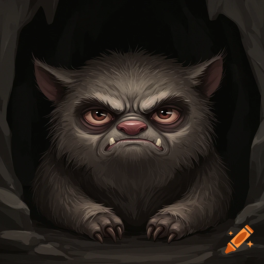 A grumpy furry creature sits in a cave.