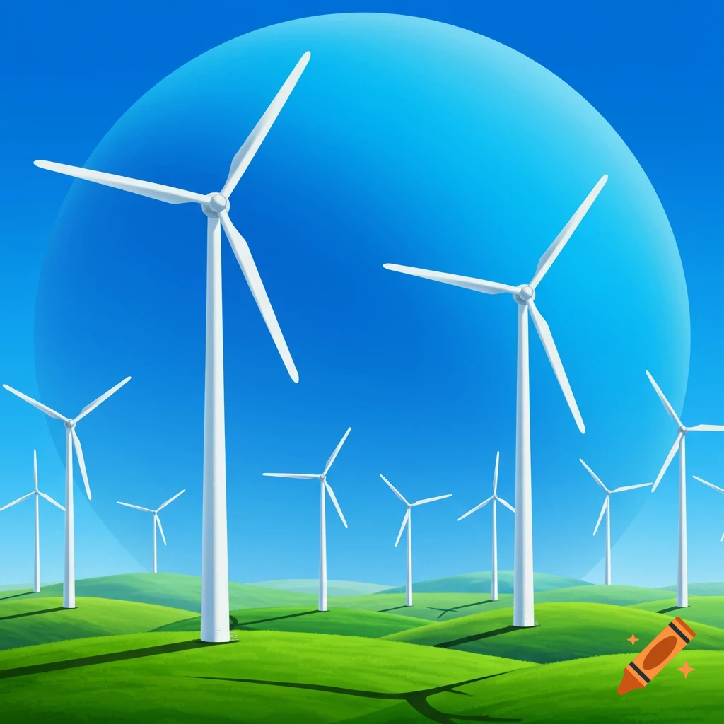 Wind turbines on green rolling hills under a blue sky.