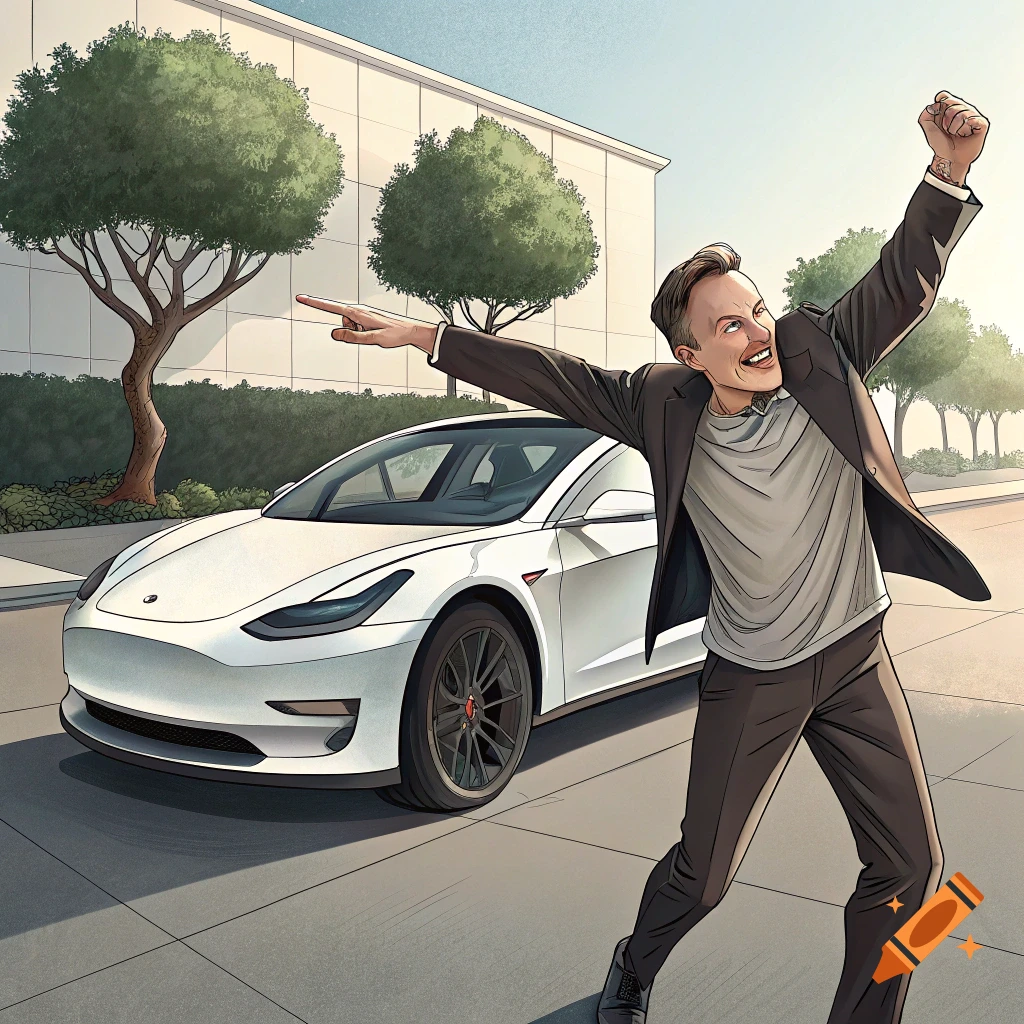 Stylized illustration of a man gesturing excitedly next to a white electric car.