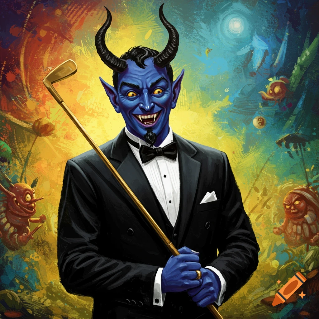 A blue devil in a tuxedo holding a golf putter, with strange creatures in the background.