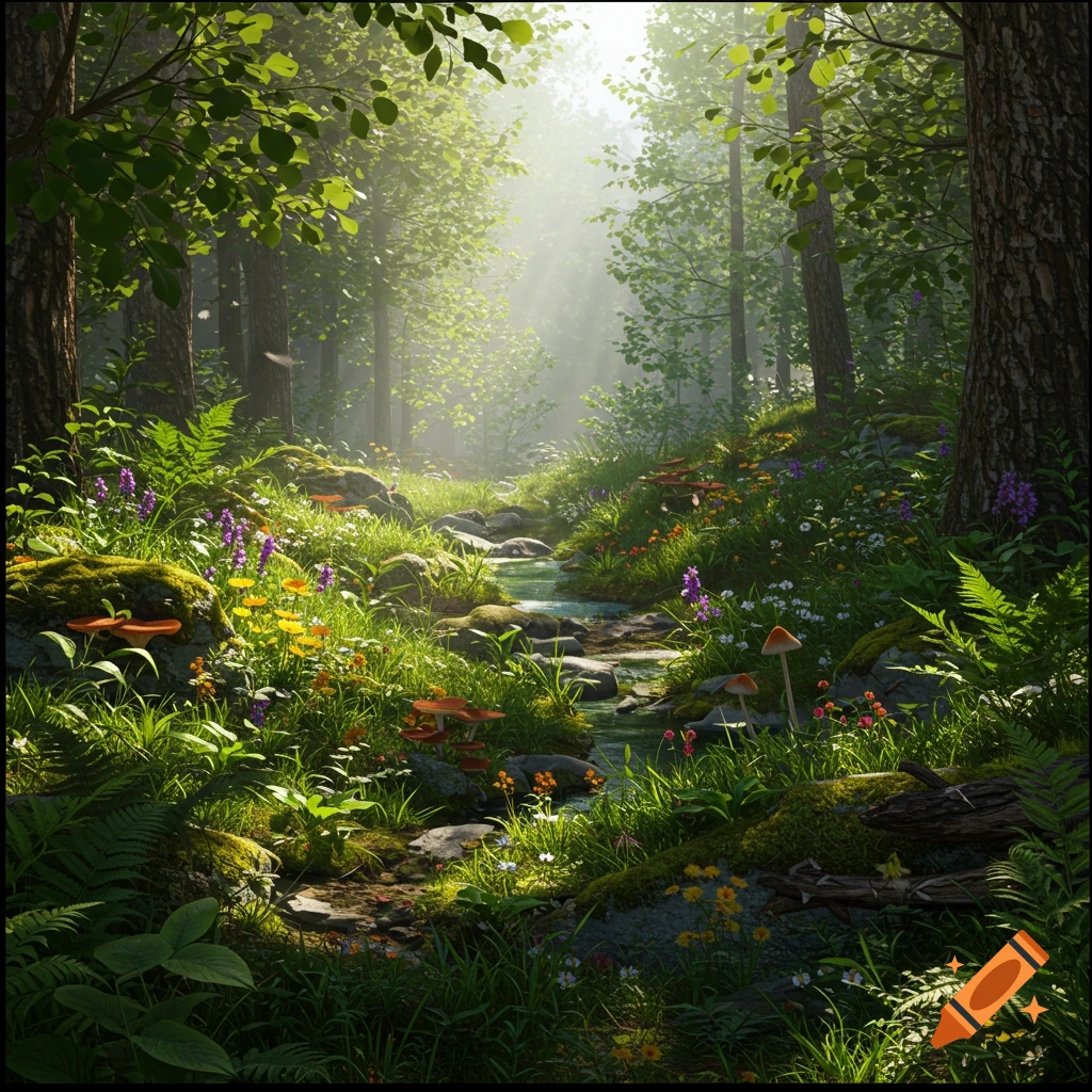 A sunlit forest floor with a stream, lush plants, flowers, and mushrooms.