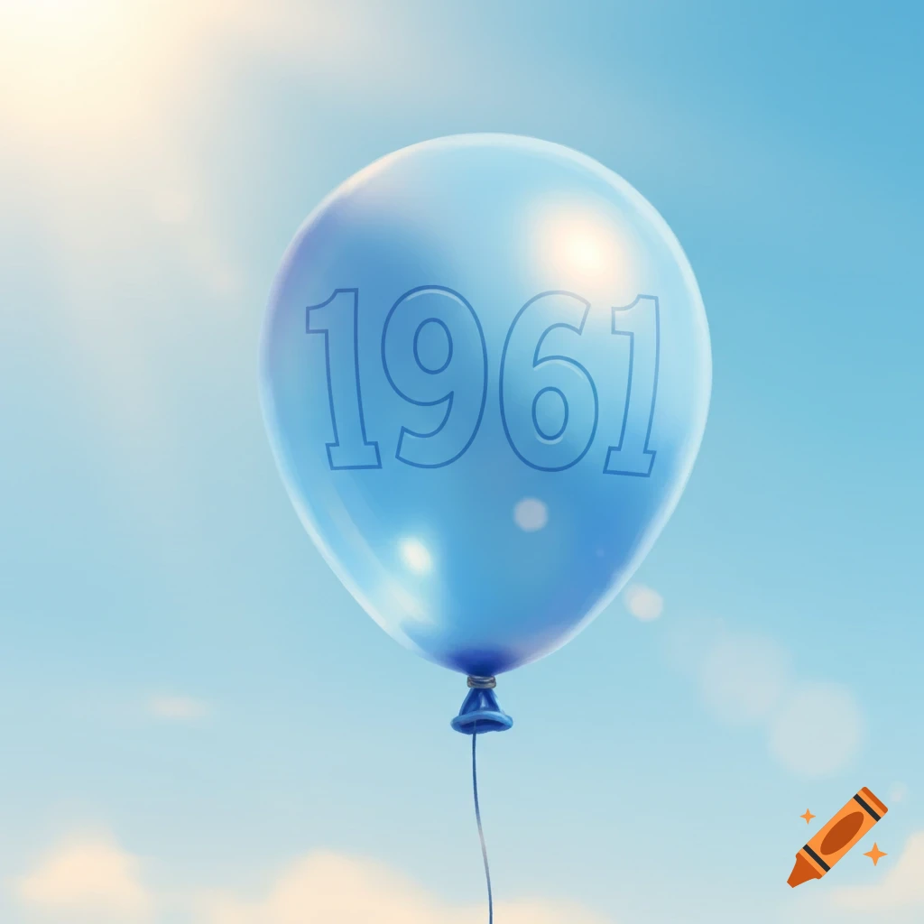 A blue balloon with the numbers 1961 floats in a bright blue sky.