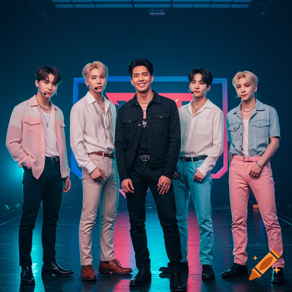 Five men, a K-pop group, pose on a stage with colorful lighting and geometric shapes.