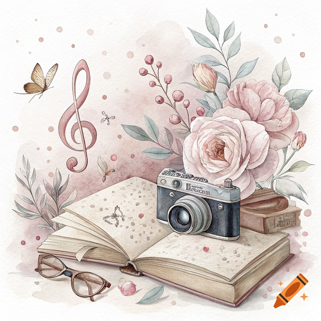 Watercolor still life of open books, flowers, camera, glasses, and music note.
