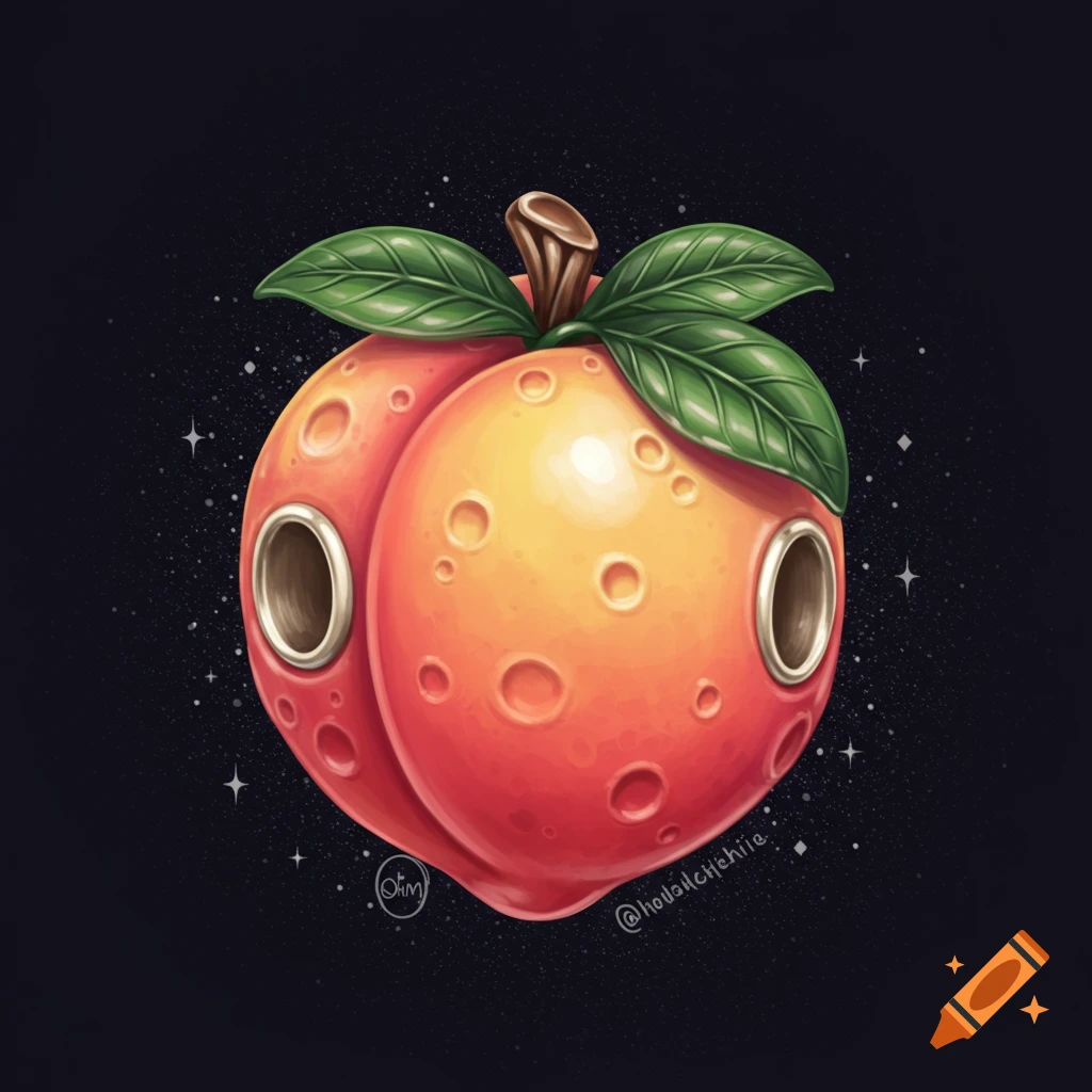 A peach colored sphere with textures resembling moon craters and metallic rings, set against a backdrop of stars.