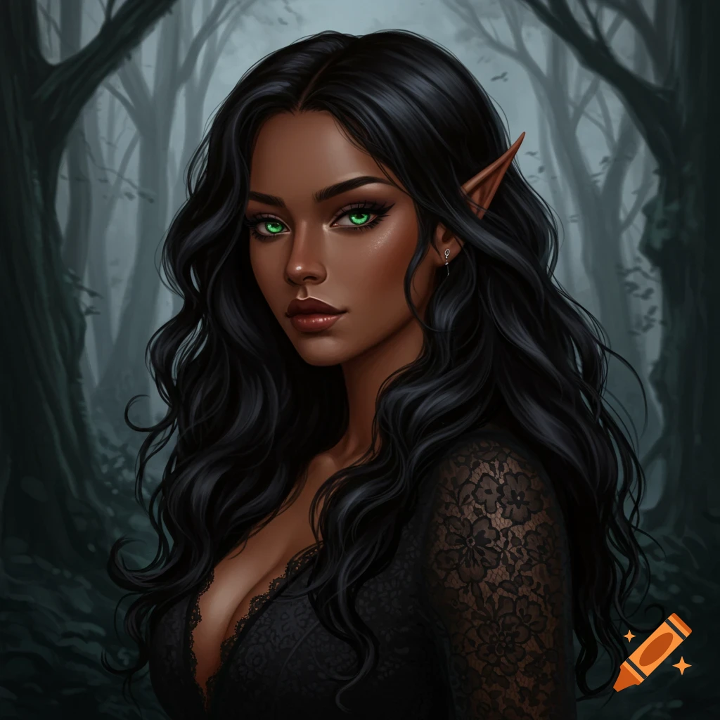 Portrait of a dark-skinned female elf with green eyes, long black hair, and pointed ears, wearing a black lace dress in a misty forest.