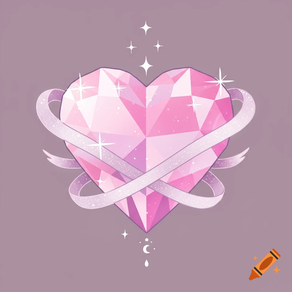 A faceted pink heart wrapped in sparkling ribbons, with stars above and a crescent moon below.