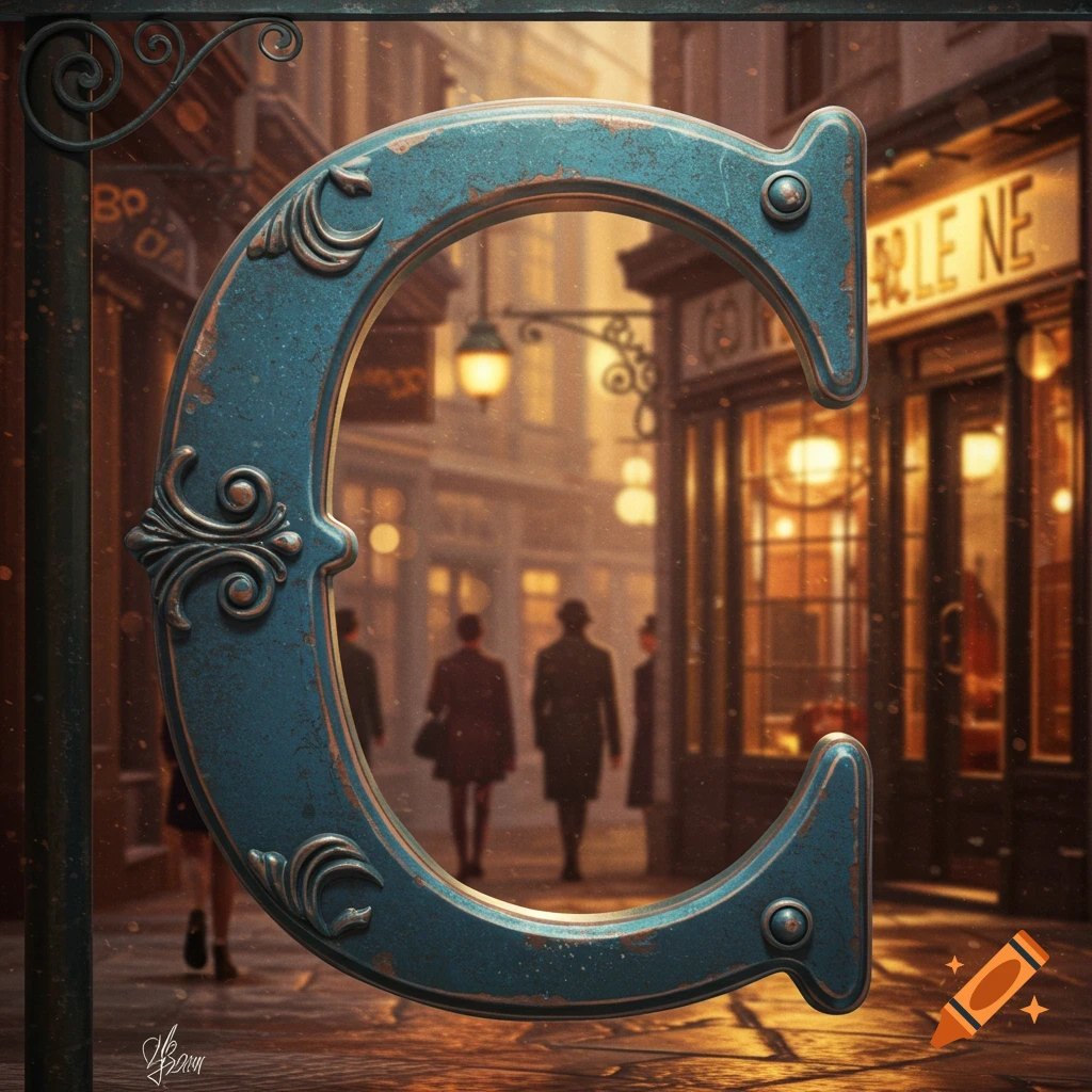 Large decorative blue letter C in front of a blurry, gaslit street scene with figures.