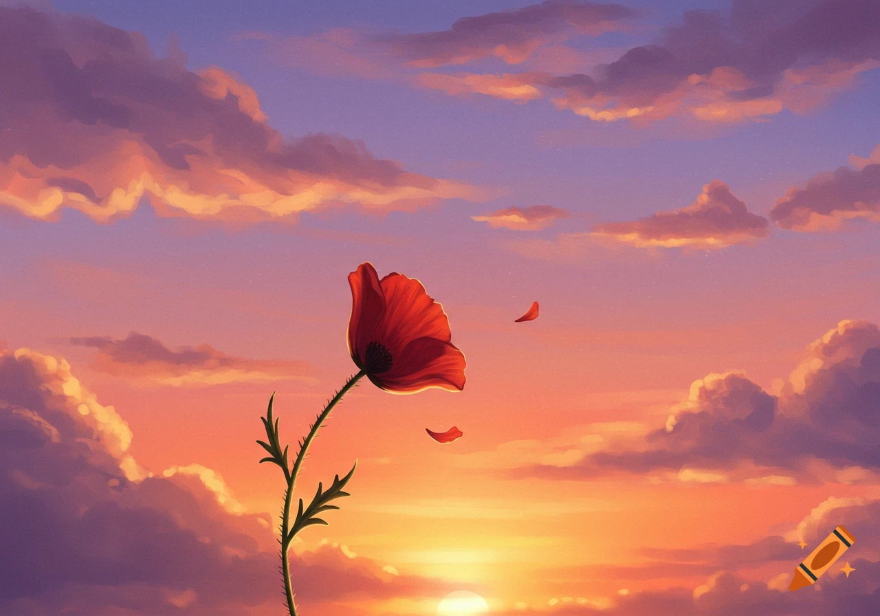 A red poppy with falling petals against a sunset sky with clouds.