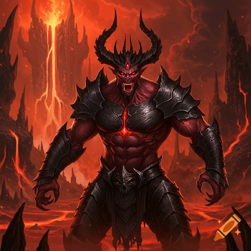 A demon king in black armor stands in a hellish landscape with lava.