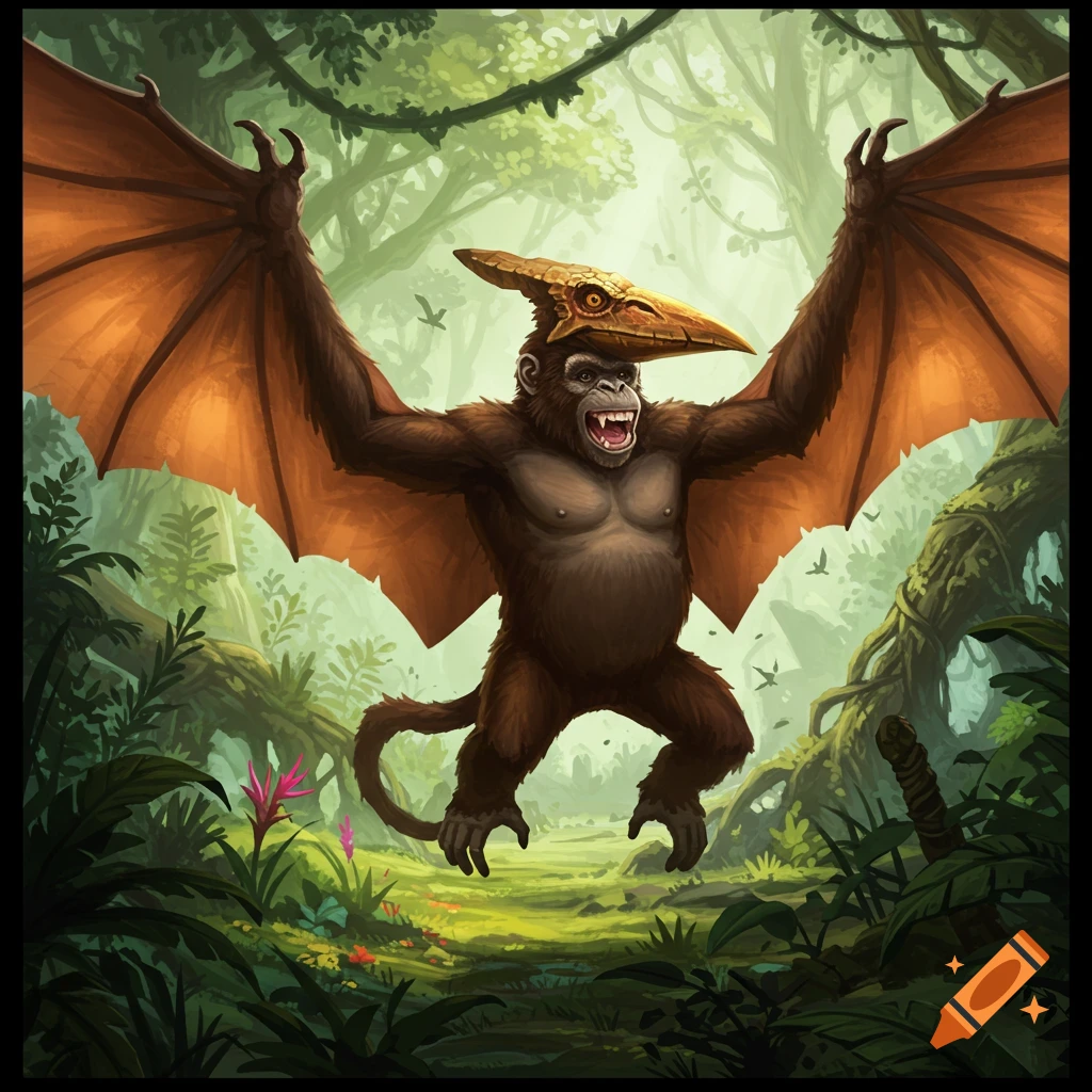 A monkey with pterodactyl wings flying in a jungle
