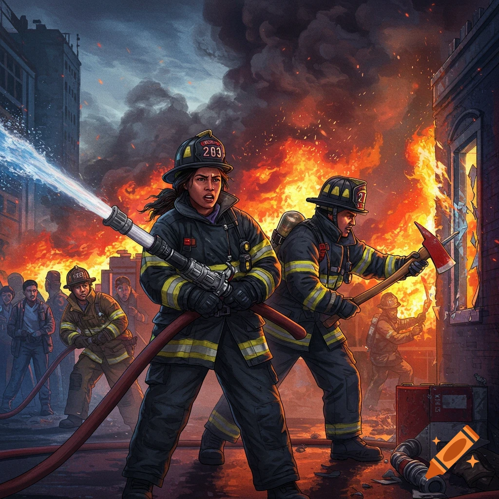 Firefighters battle a large building fire in a city street.