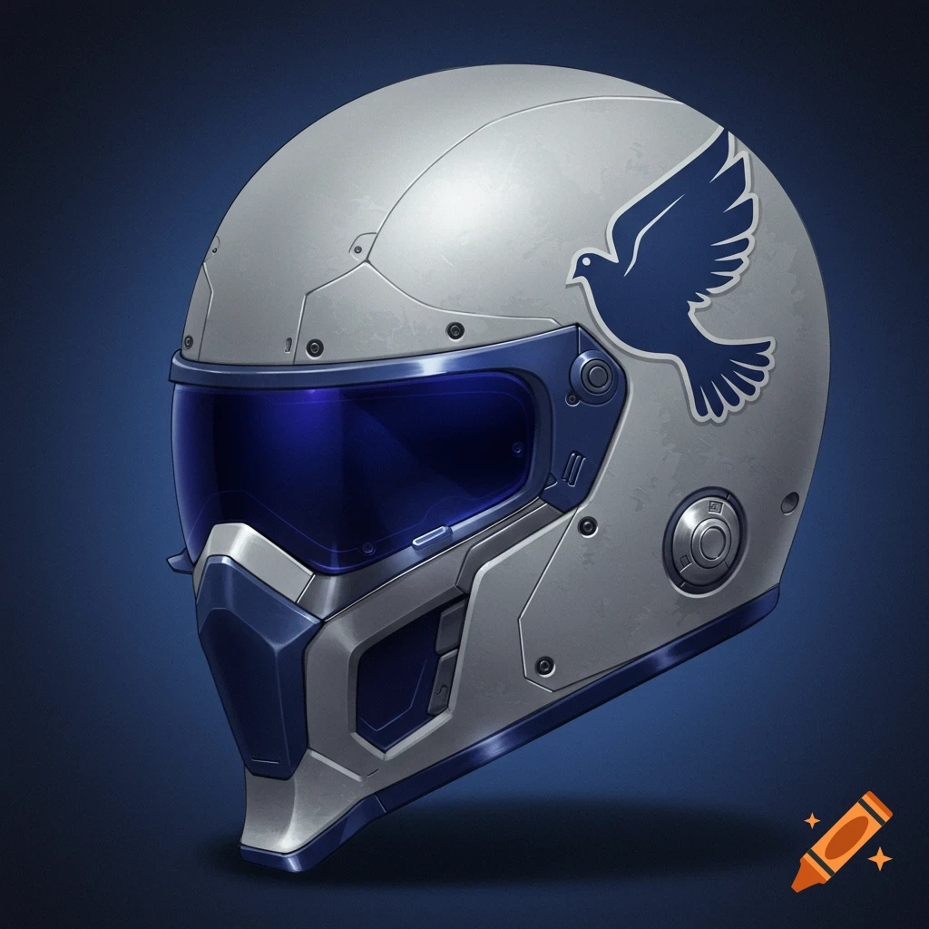 A grey and blue futuristic helmet with a blue dove logo.