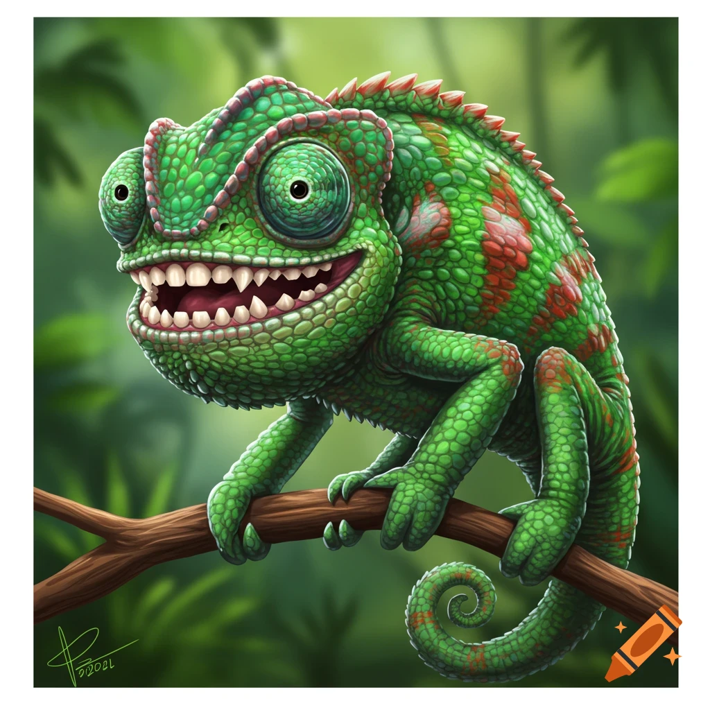 A smiling green and red cartoon chameleon on a branch in a jungle.