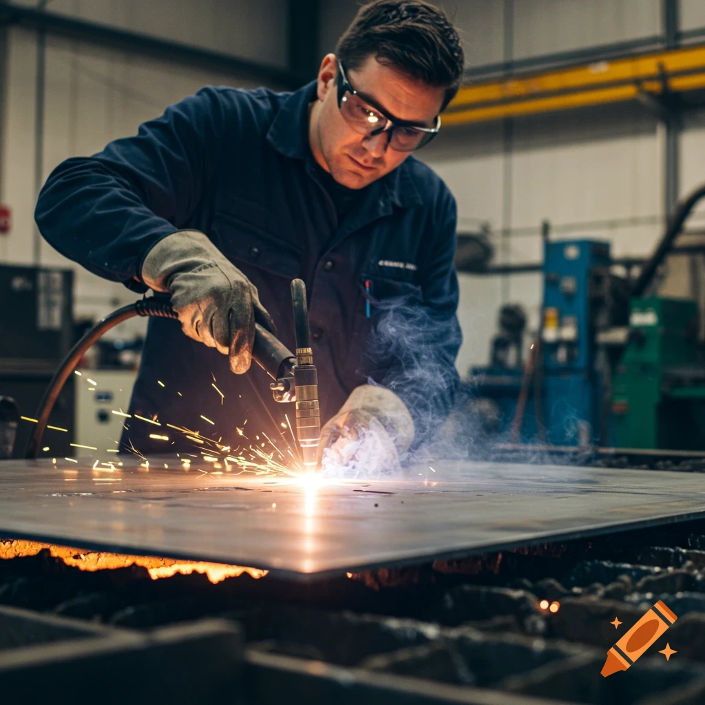 Man wearing gloves and goggles cutting metal with a plasma cutter in a workshop.