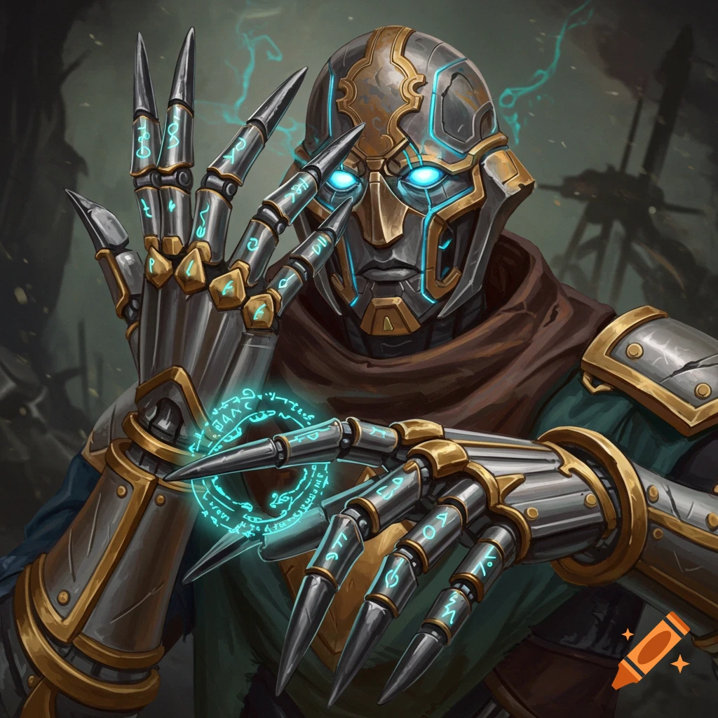 A detailed image of a cyborg or warforged character casting a blue magical spell with glowing runes.