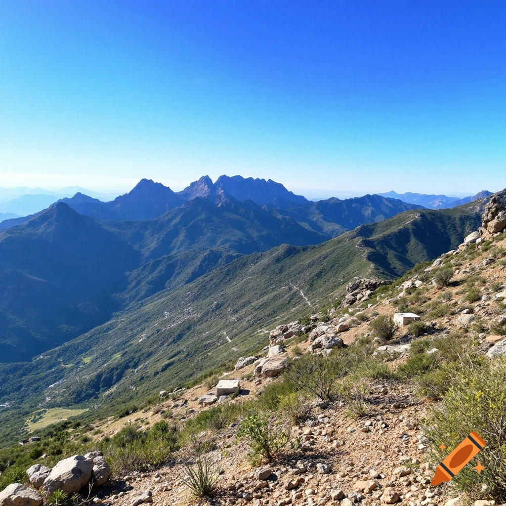 View of green hills and mountains under a clear blue sky.