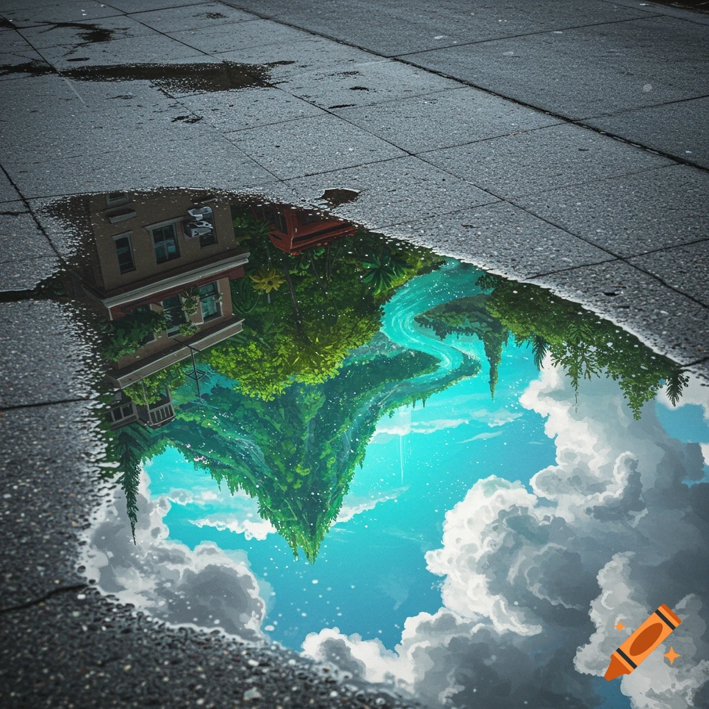 A puddle on a sidewalk reflects a vibrant surreal landscape scene.