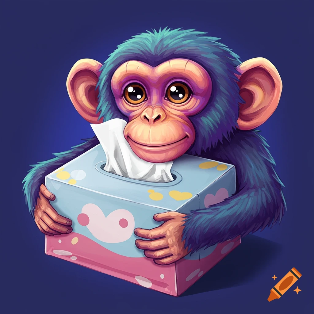 A cute cartoon monkey holding a tissue box.