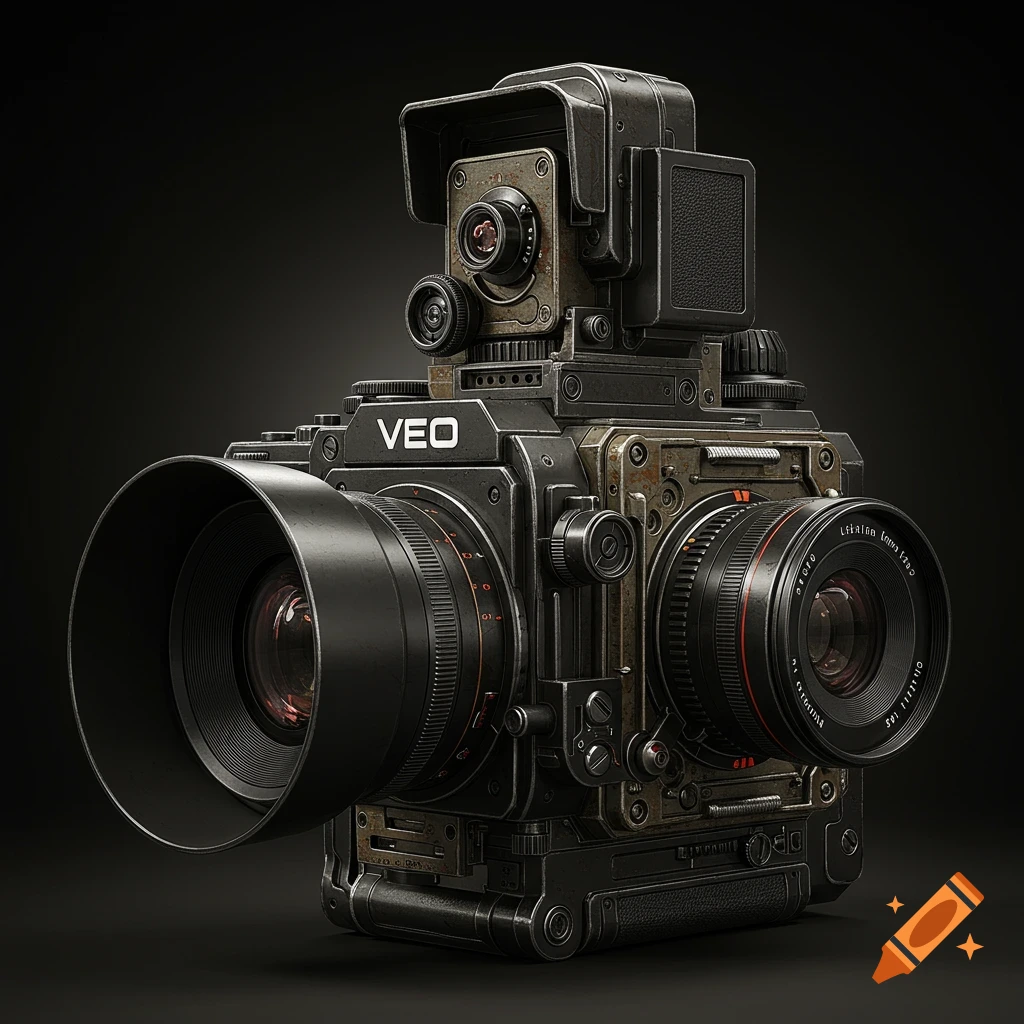 A detailed vintage style camera with multiple lenses on a dark background