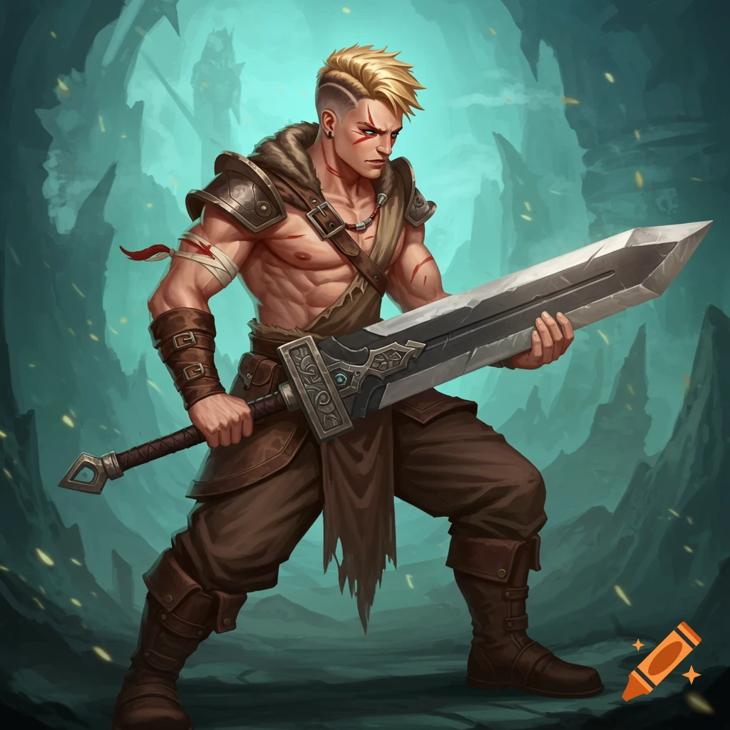 A warrior with blond hair holding a large sword in a cave.
