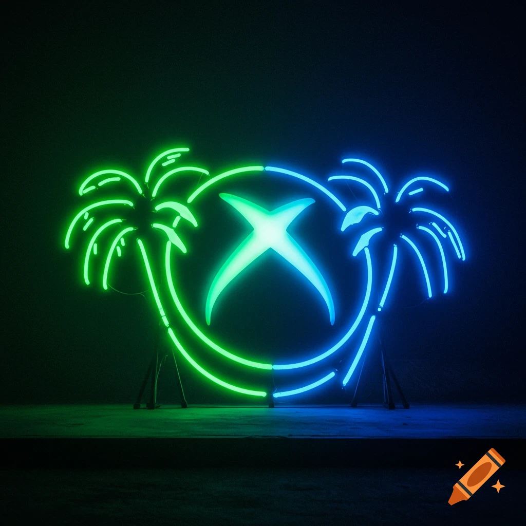 A neon sign featuring a green Xbox logo inside a circle, flanked by blue and green neon palm trees, on a dark background.
