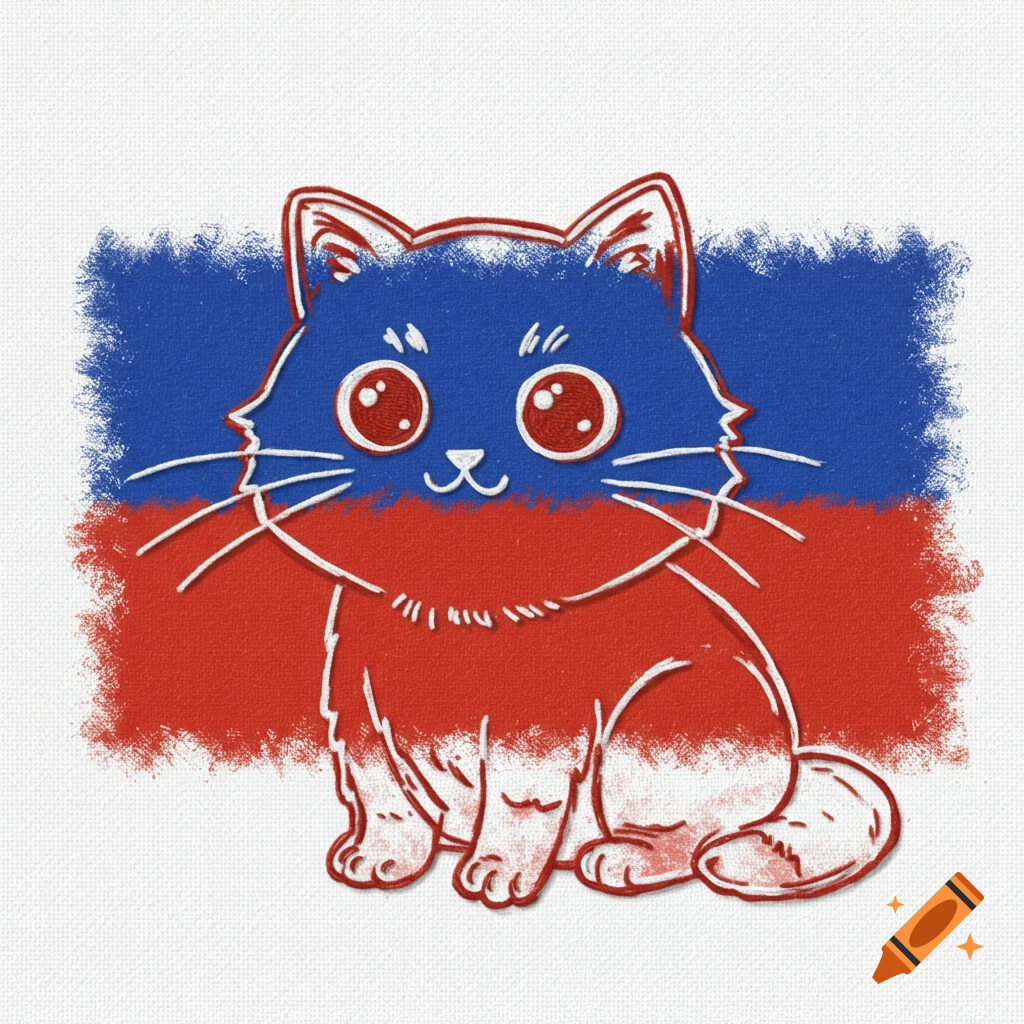 A cute white outline of a cat sits in front of a background colored like the Russian flag, in a clip art style.