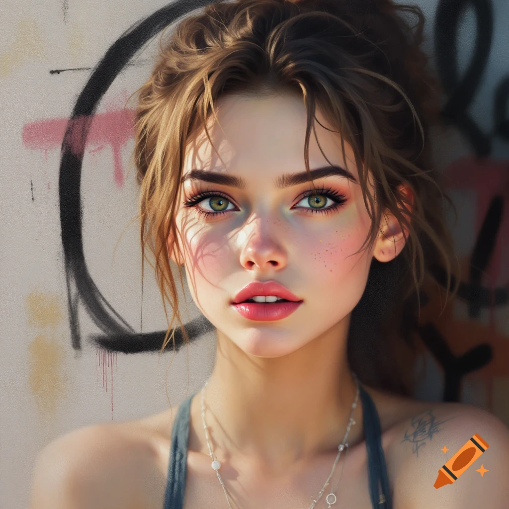 A young woman with green eyes and freckles in front of graffiti