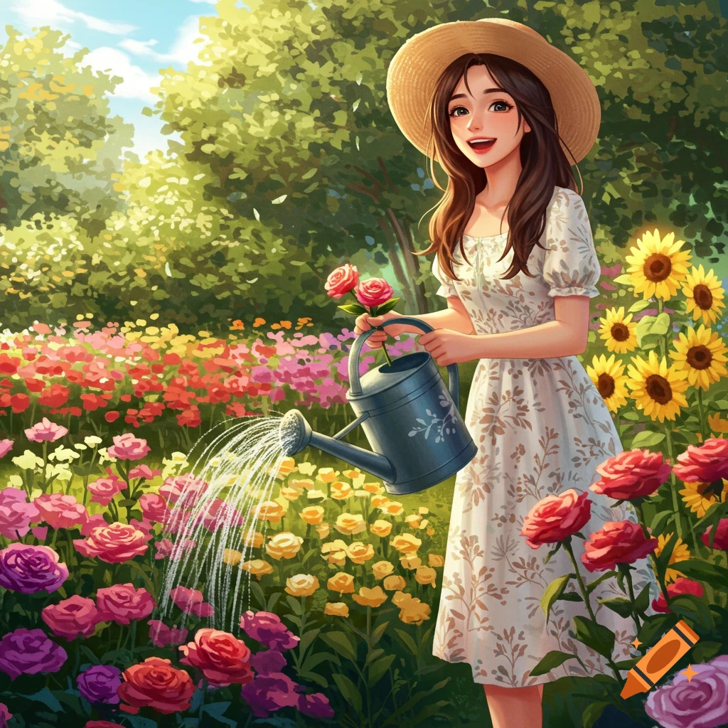 A woman in a hat is watering a garden filled with colorful flowers.