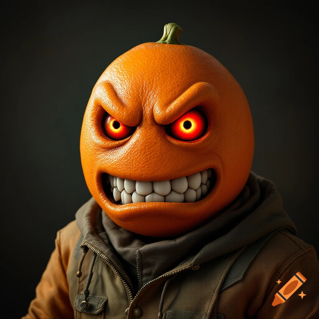 An angry orange head with sharp teeth and glowing red eyes wearing a hooded jacket