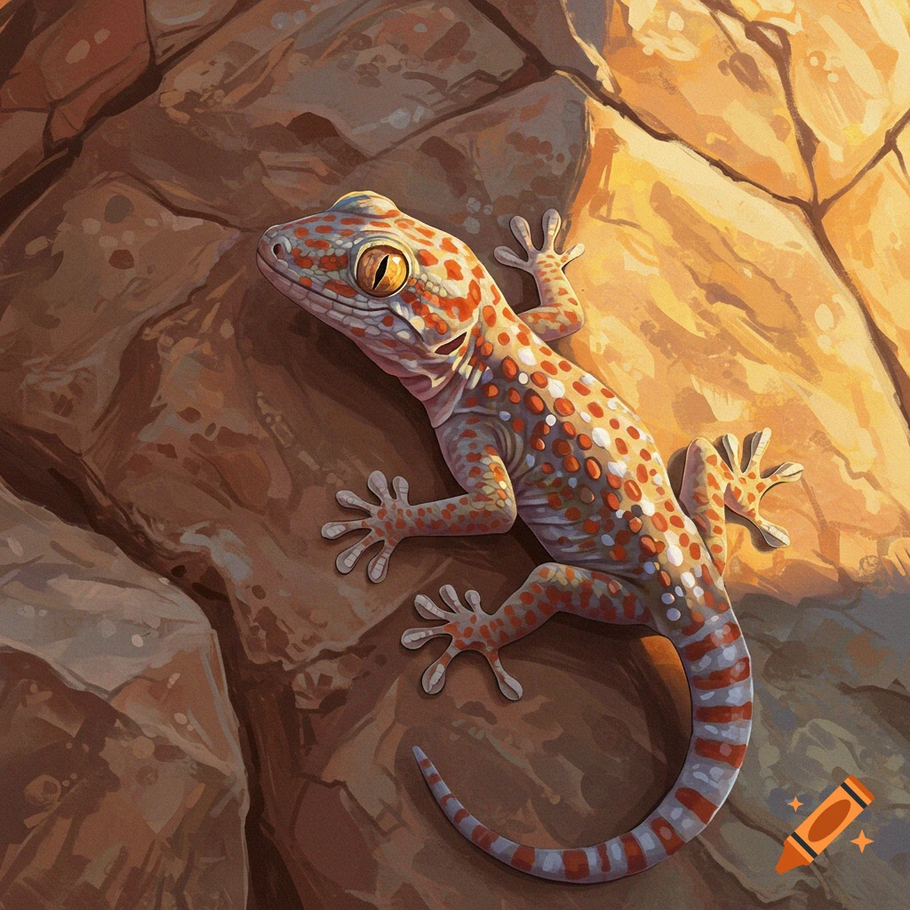A detailed image of a red and white spotted gecko climbing on a brown rock.