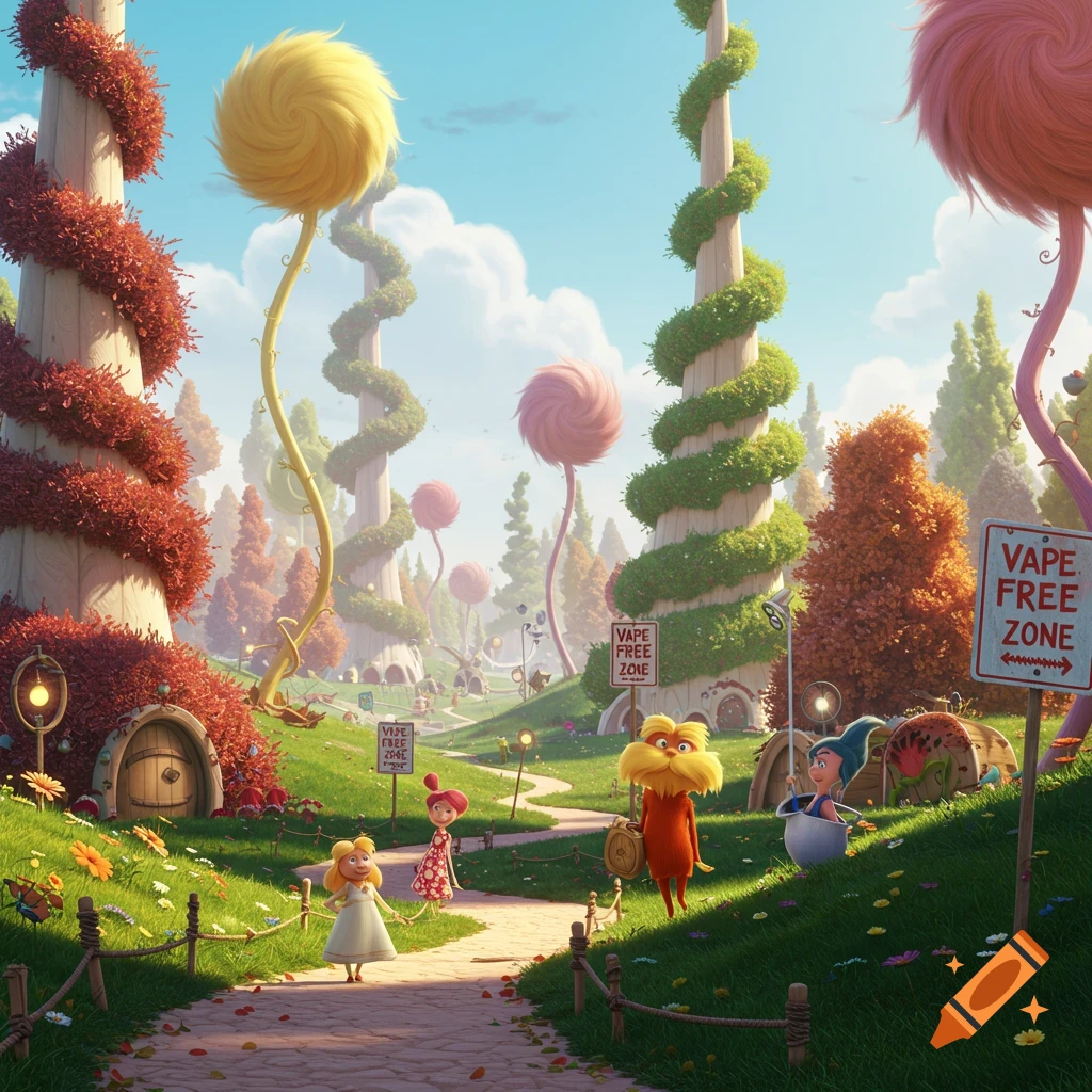 A whimsical Dr. Seuss landscape with cartoon characters and 'Vape Free Zone' signs on a sunny path.