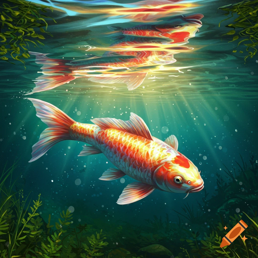 A shiny orange and white koi fish swimming underwater with sunlight rays filtering down.
